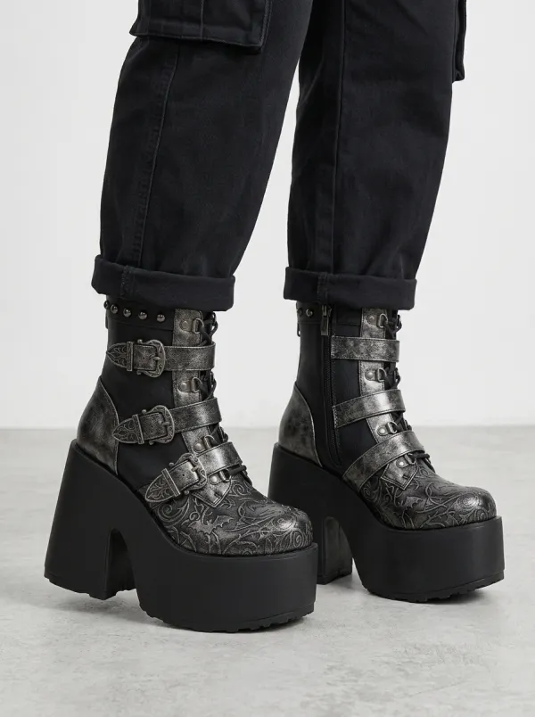 Dark Bat Buckle Embossed Profile Women's Gothic Platform Boots