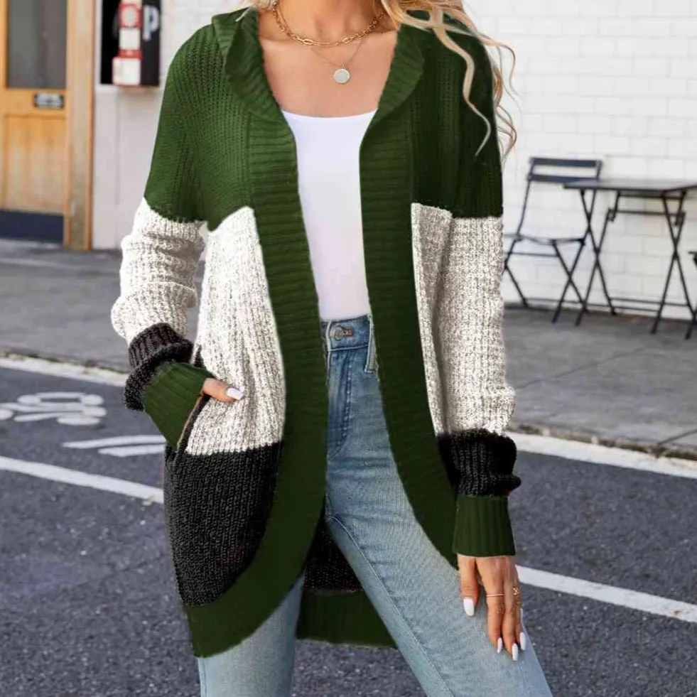 Open Front Hooded Color Block Cardigan