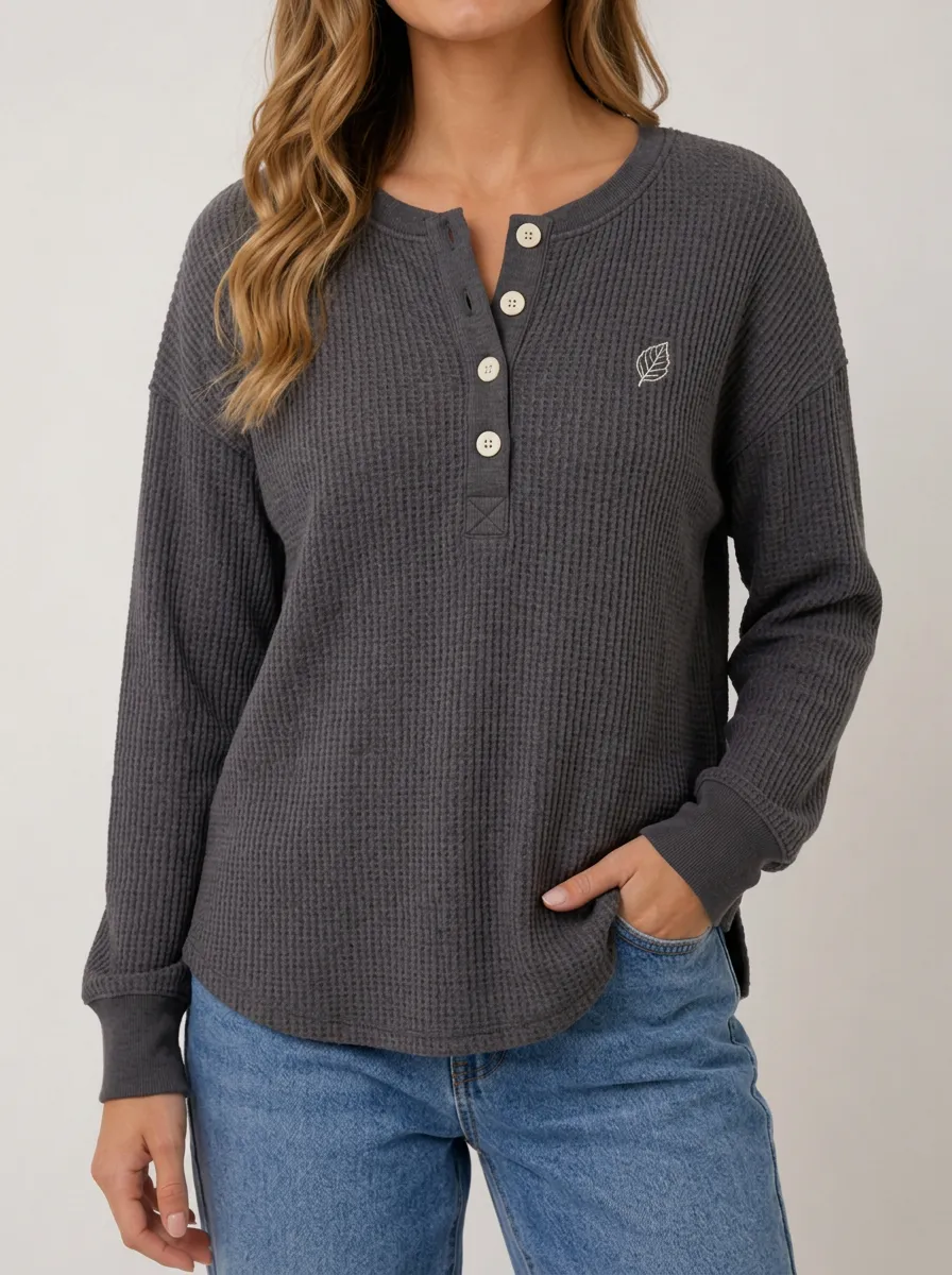 Modern Weekend Nature Lover Leaf Embroidered Waffle Knit Henley Top