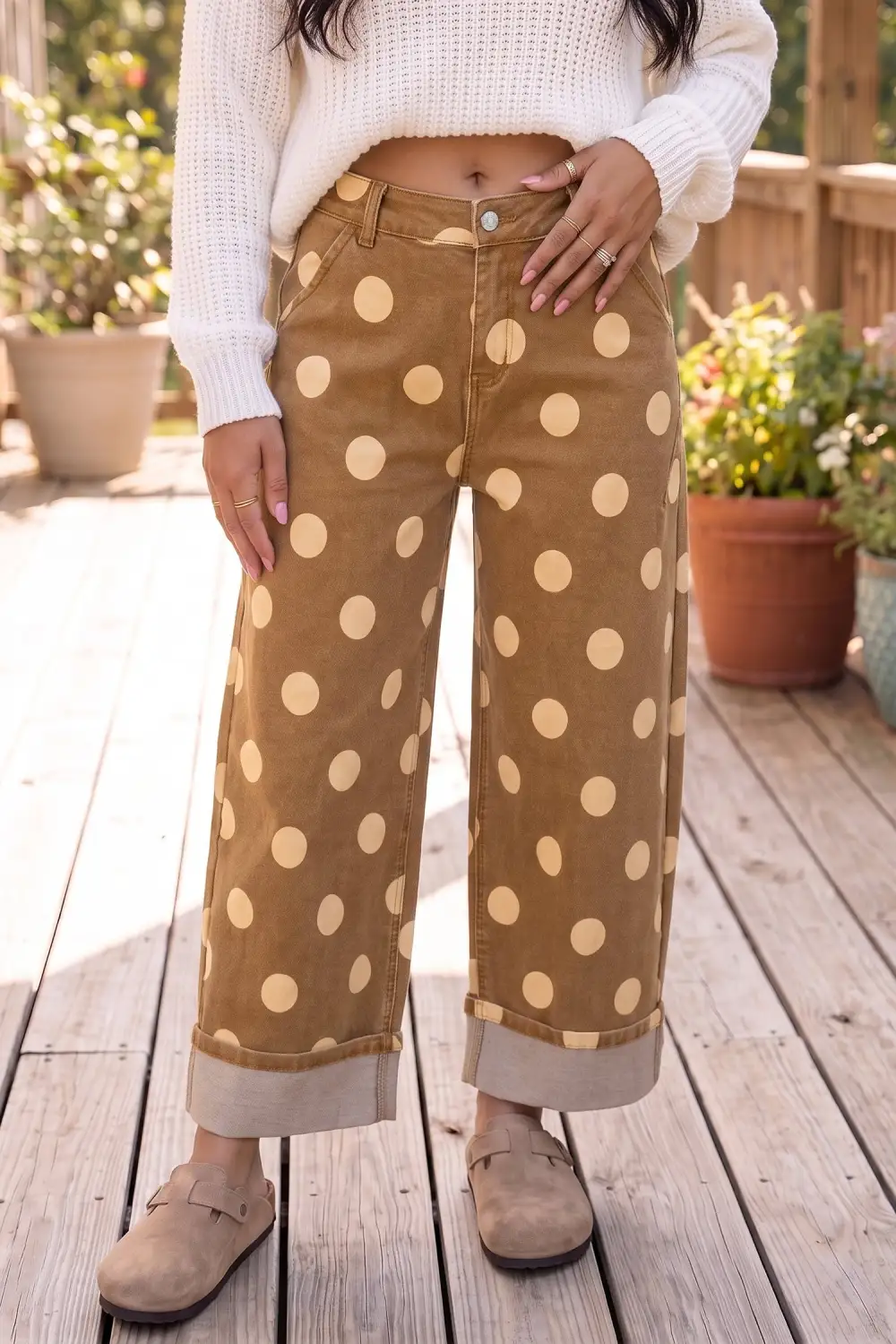 Women's Polka Dot Ankle Length Jeans With Metal Buttons