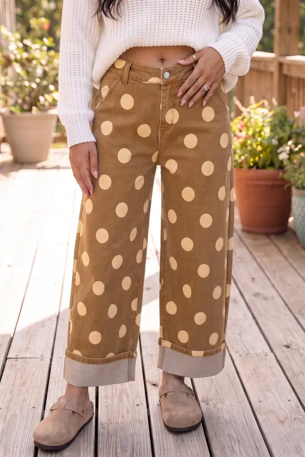 Women's Polka Dot Ankle Length Jeans With Metal Buttons