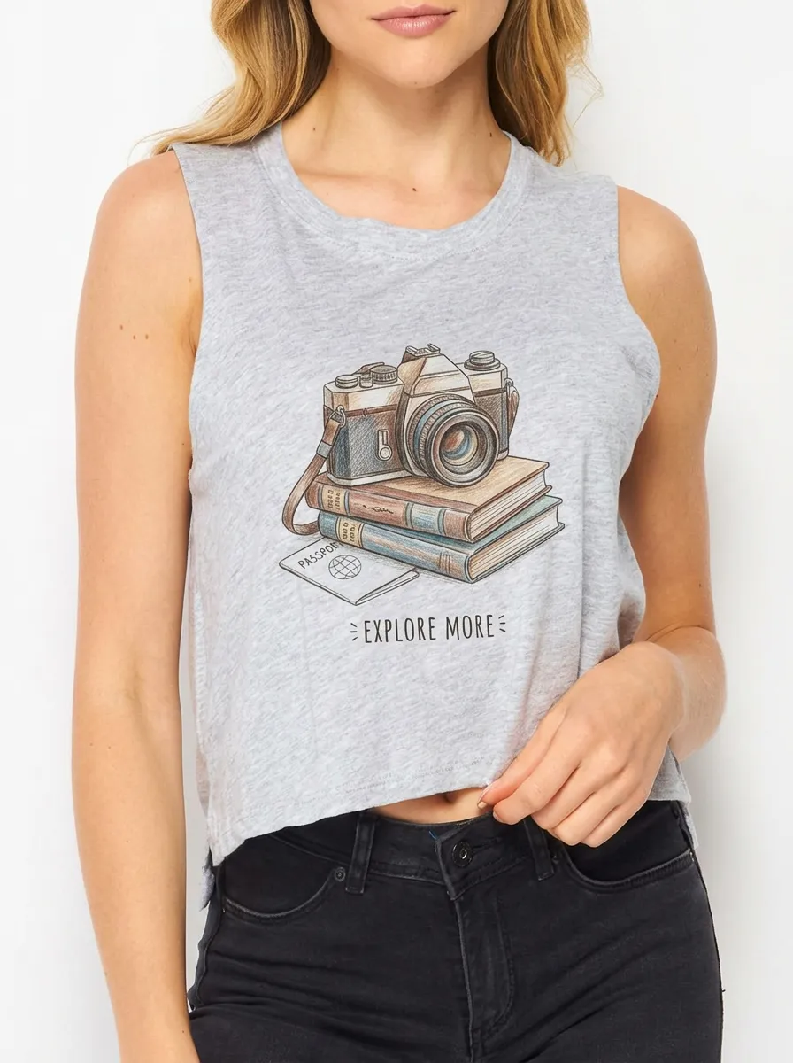 Women's Travel-Inspired Camera Books Passport Printed Crop Tank Top
