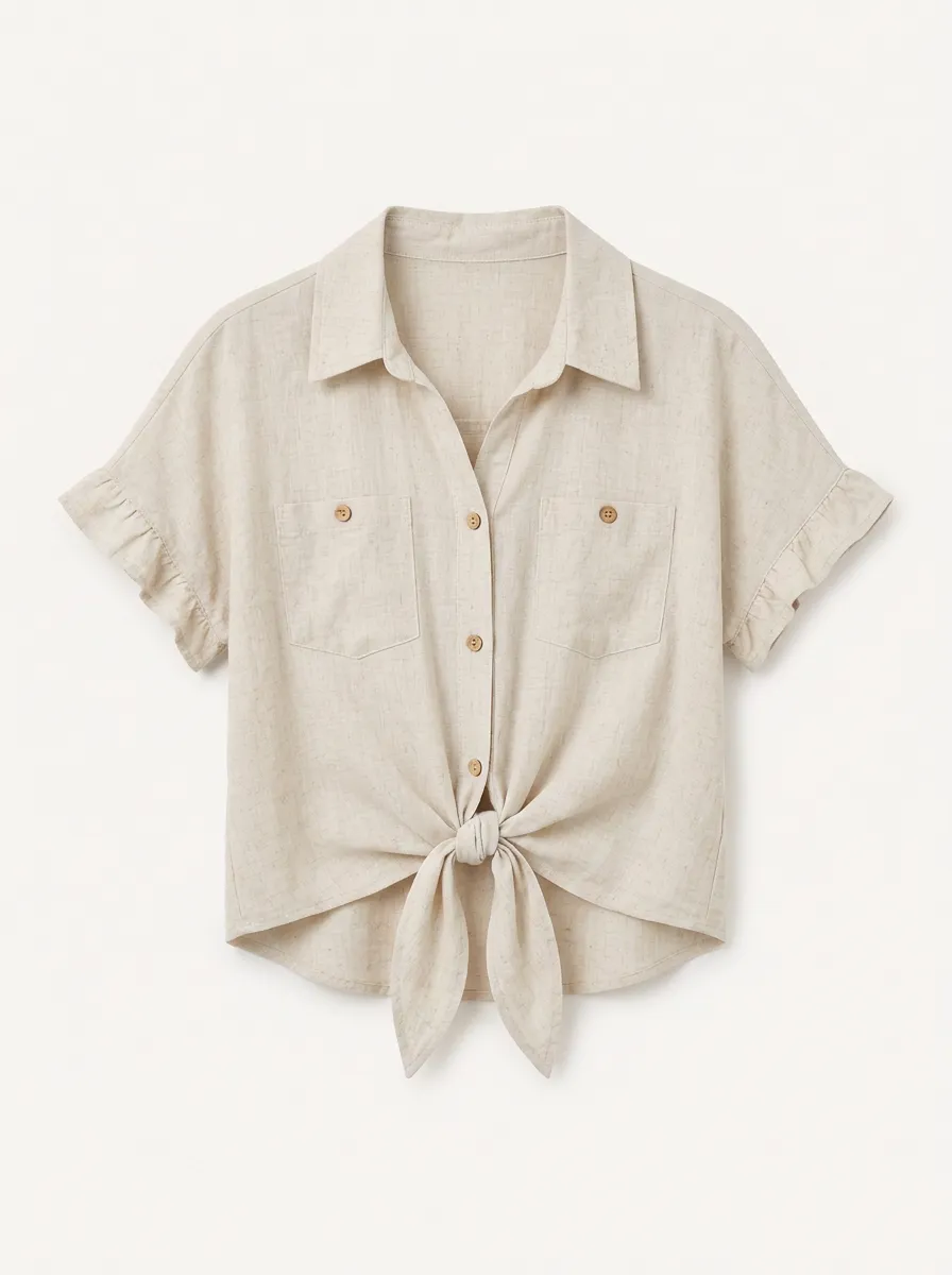 Women's Casual Linen Blend Ruffle Sleeve Tie Front Shirt