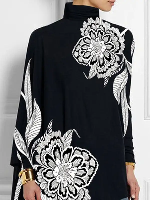 Batwing Sleeve Relaxed Asymmetric Floral Print Panel Detail High Neck T-Shirt