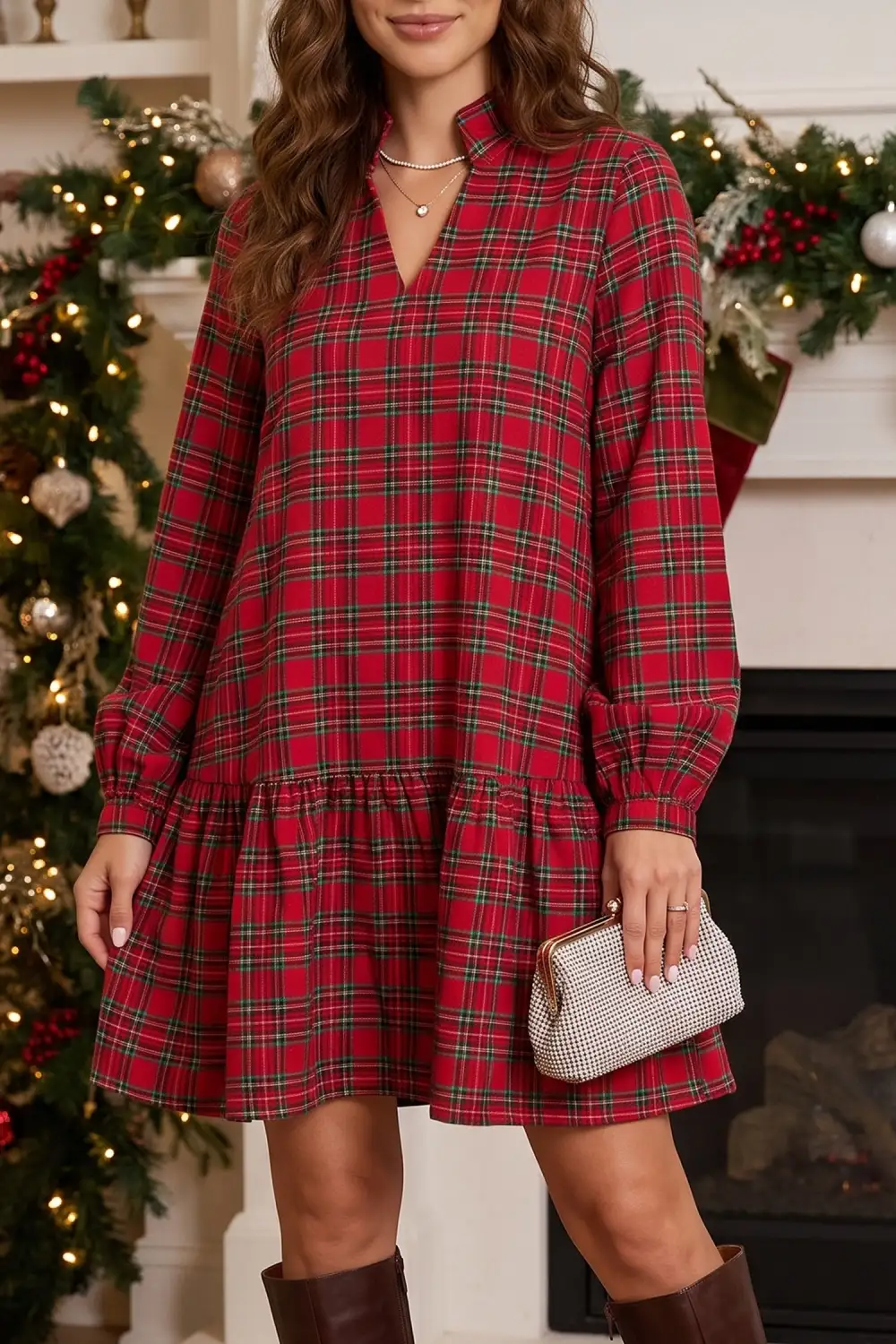 Women's Plaid Long Sleeve Mini Dress