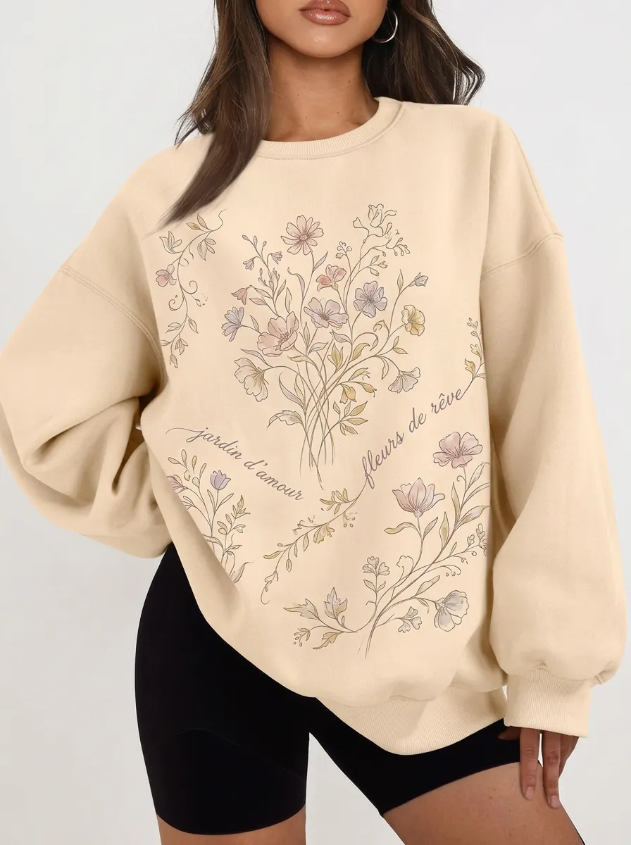 Women's Botanical French Quote Floral Printed Sweatshirt