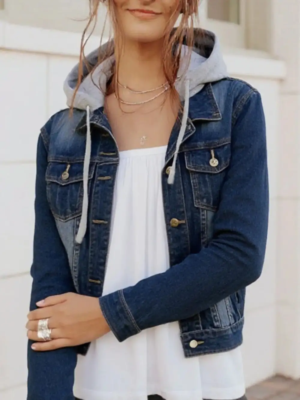 Button Up Drawstring Hooded Denim Jacket Plus Size Available