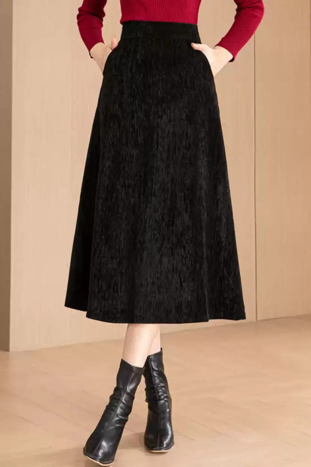 Checkered Polyester A Line High Waist Midi Skirt
