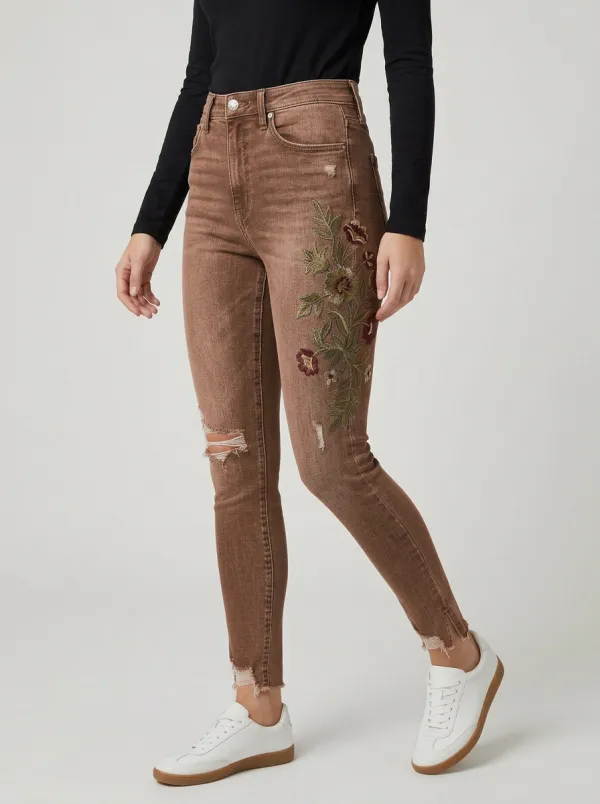 Women's Marin Floral Vintage Flower Embroidered Printed Slim Jeans