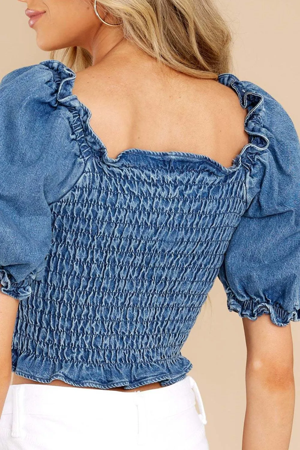 Smocked Square-Neck Puff-Sleeve Ruffle-Cuff Fashion Top