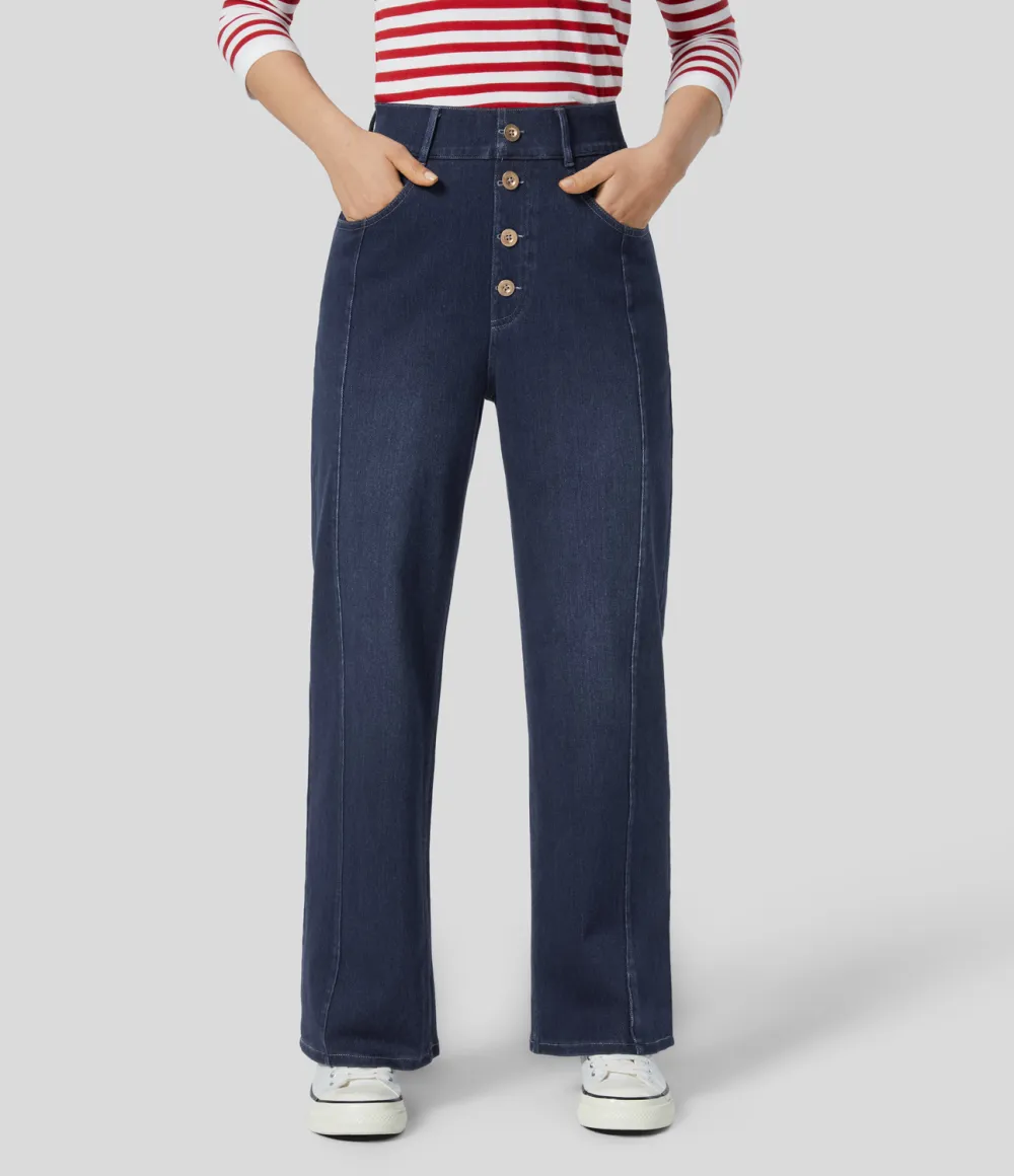 Magic High Waisted Decorative Button Multiple Pockets Straight Leg Stretchy Knit Casual Boyfriend Jeans