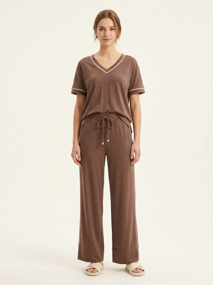 Women's Heathered V-Neck T-Shirt and Wide-Leg Pants Set