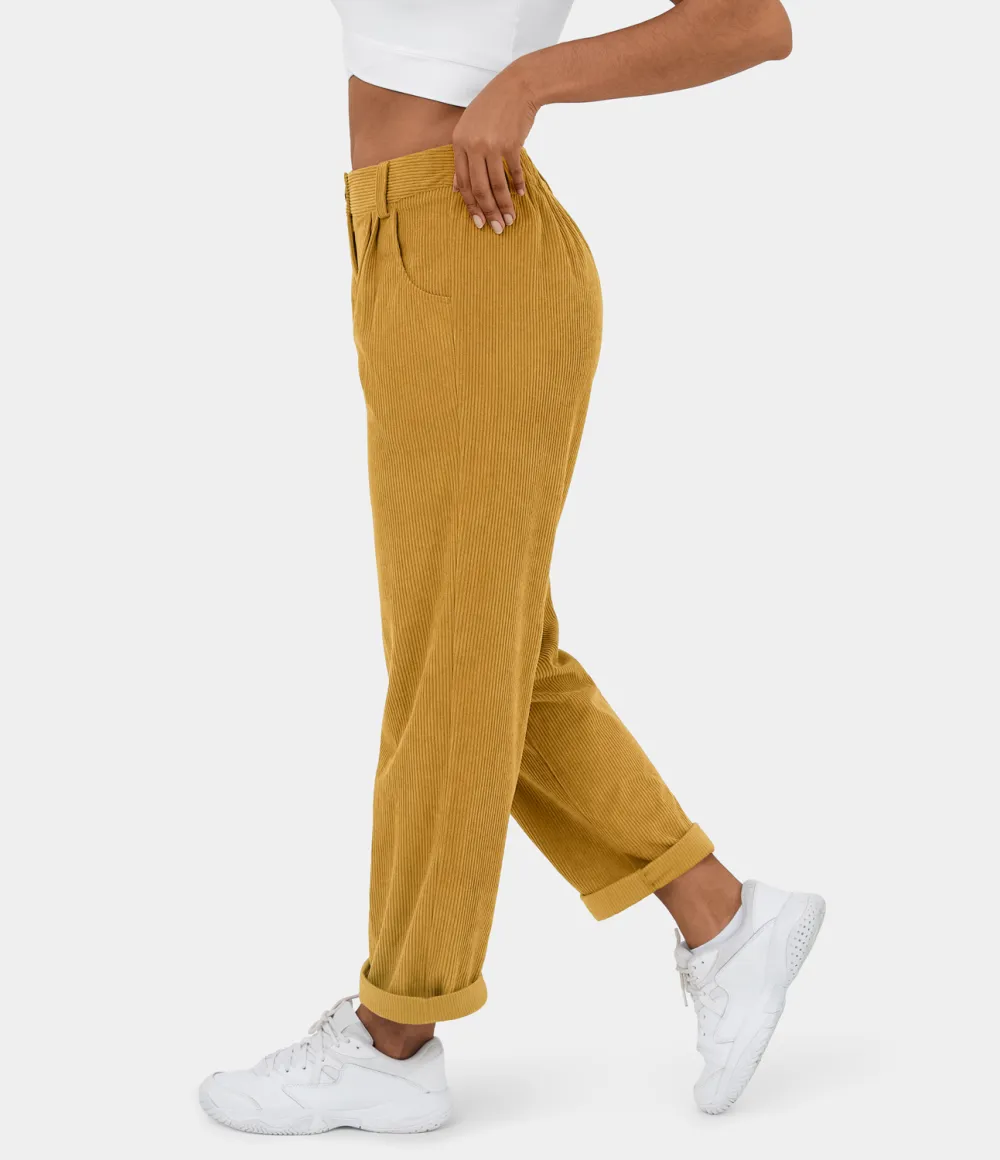 Mid Rise Button Zipper Side Pocket Corduroy Casual Pants