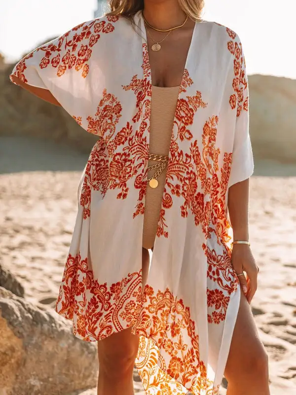 Mid Length Slit Chiffon Printed Sunscreen Swimsuit