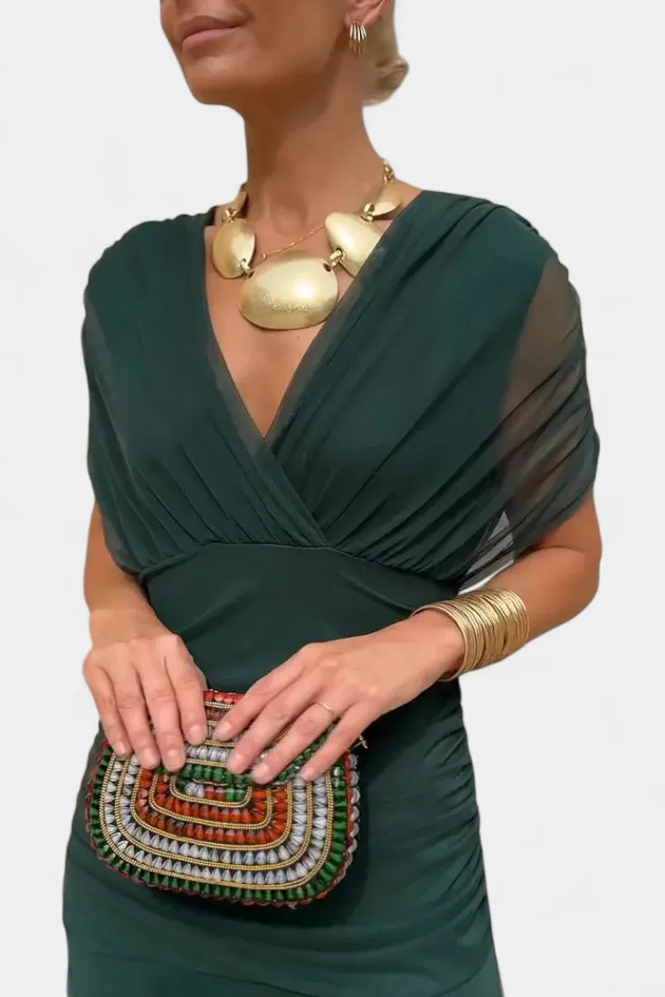  Off Shoulder V Neck Midi Dress