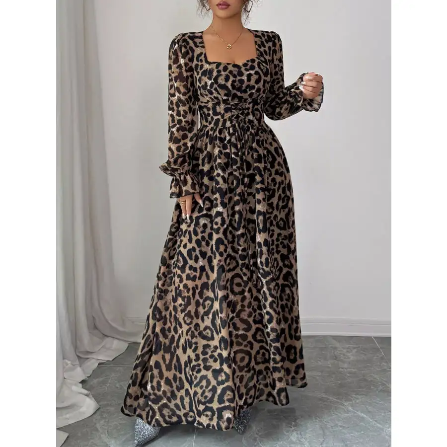 Leopard Sweetheart Neck Flounce Sleeve Maxi Dress