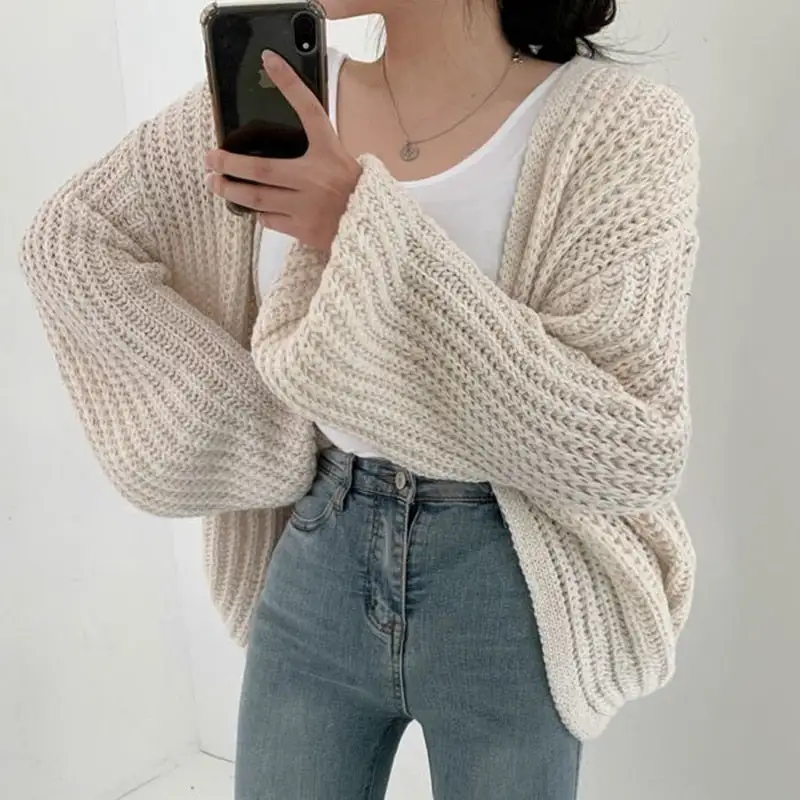 Oversized Chunky Knit Cardigan Balloon Sleeve Open Front Jumper