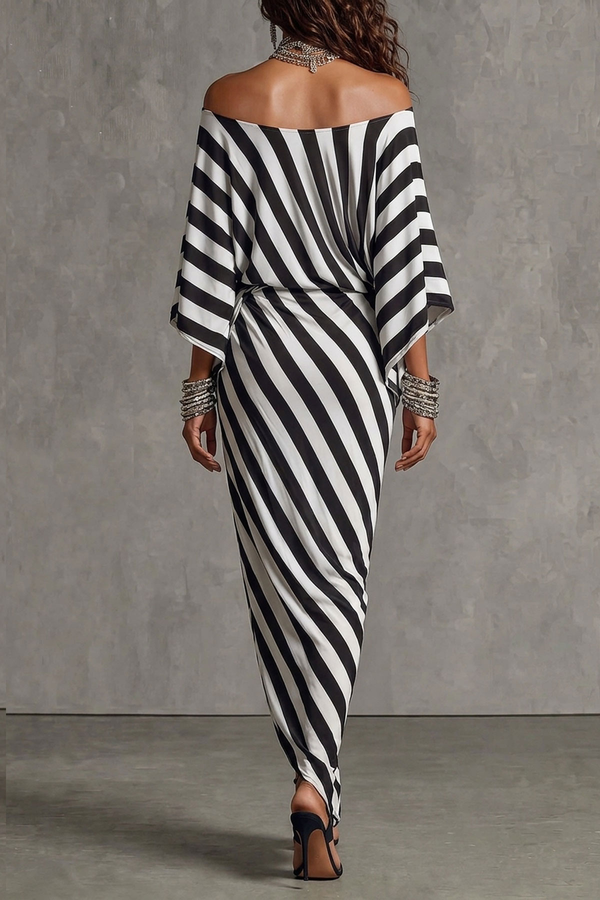 Off Shoulder Striped Printed Maxi Dress