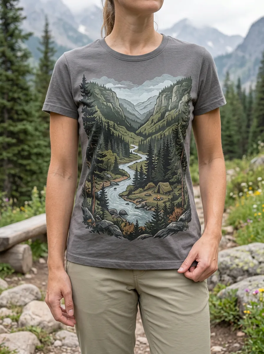 Women's Scenic Camping Nature Lover Mountain River Crew Neck T-Shirt