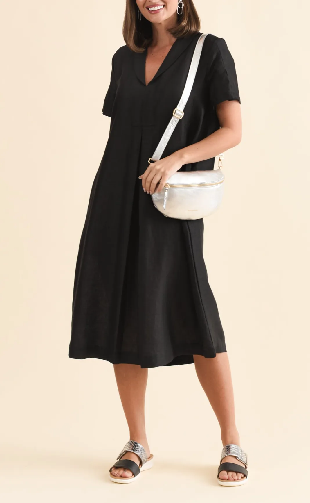 Below-Knee Linen Pocket Collared Short-Sleeve A-Line Dress