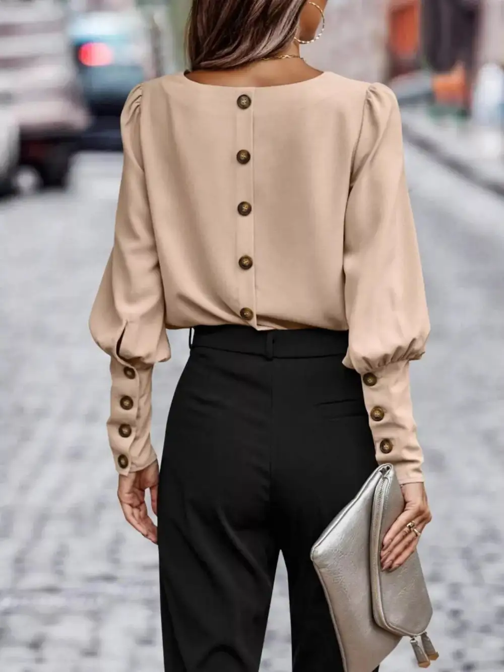 Back Button Lantern Sleeve Blouse