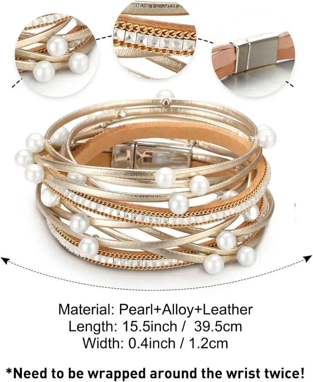 Fesciory Leather Wrap Bracelets for Women, Boho Leopard Multi-Layer Crystal Beads Cuff Bracelet Jewelry