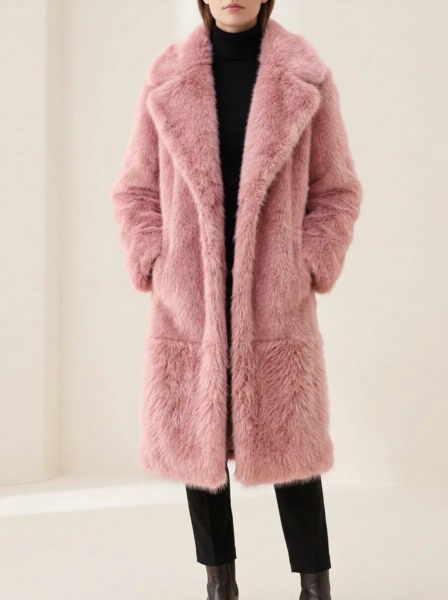 Front Pockets Faux Fur Long Coat