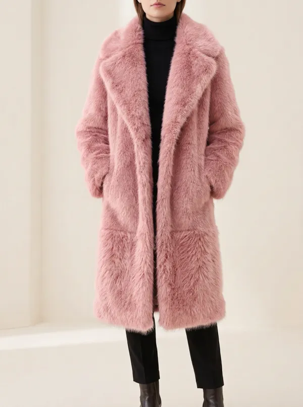 Front Pockets Faux Fur Long Coat