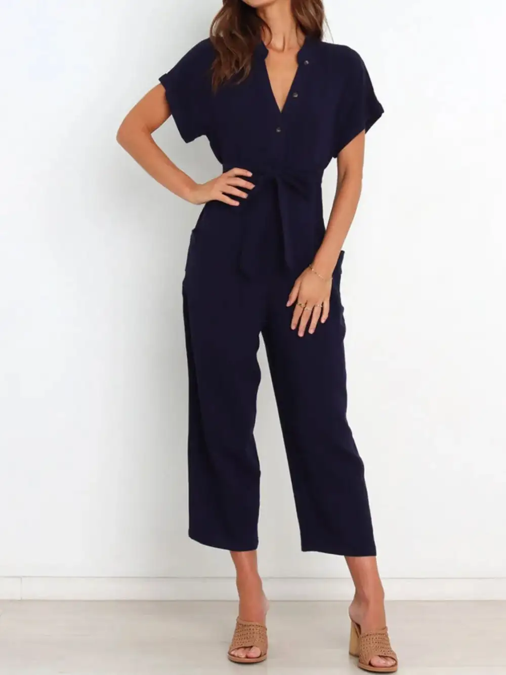 Notched Short Sleeve Tie Waist Jumpsuit Shorts