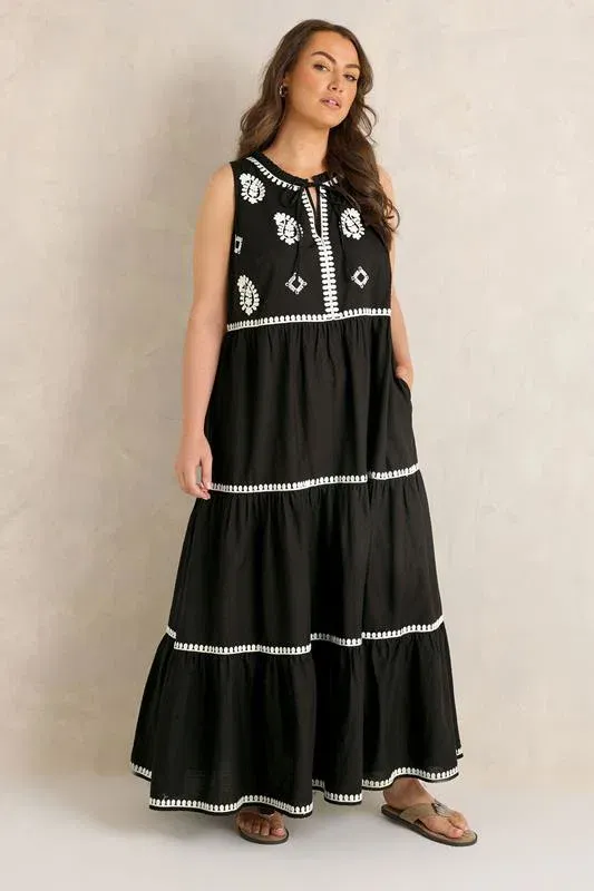 Chocolate Brown Embroidered Cotton Maxi Dress