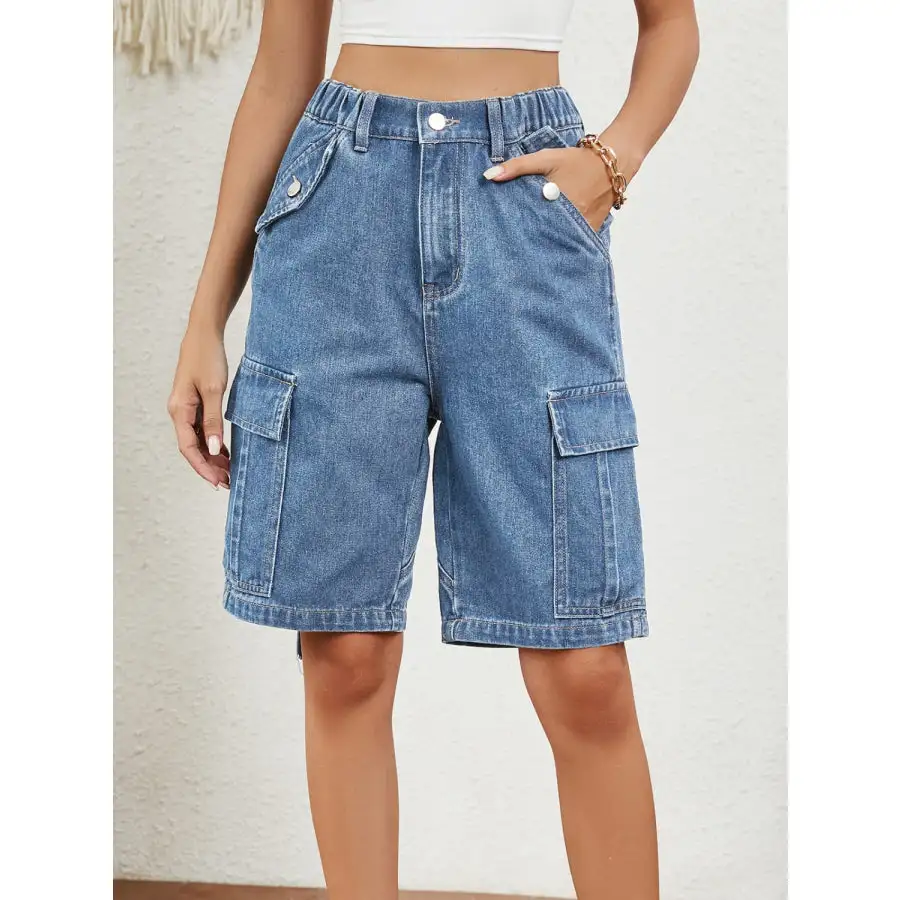 Buttoned Elastic Waist Denim Shorts with Pockets