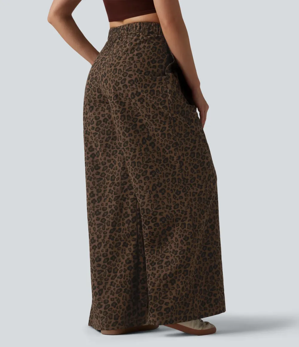 Pantalon large décontracté imprimé léopard taille mi-haute avec poches