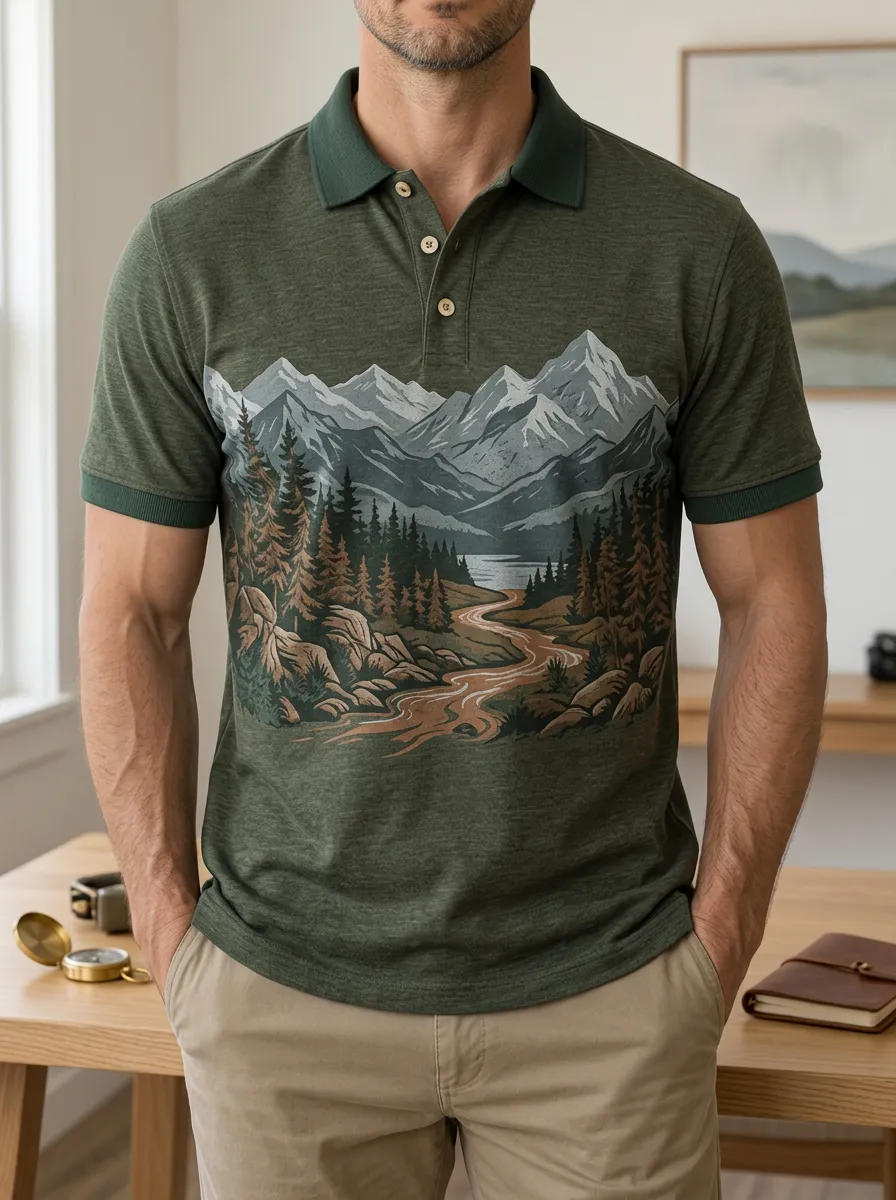 Men's Nature Lover Mountain Forest River Printed Polo Shirt