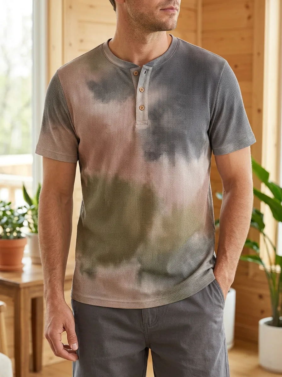 Men's Classic Casual Tie-Dye Waffle Knit Button Henley T-Shirt