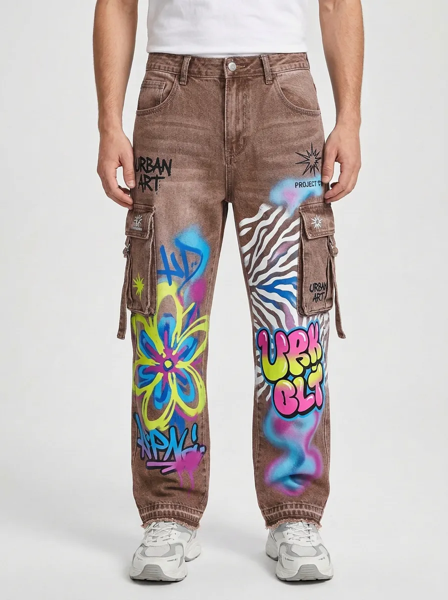 Men's Streetwear Graffiti Zebra Flower Graphic Cargo Jeans
