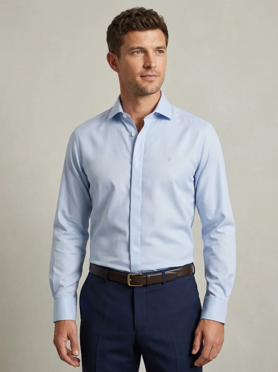 Men's Harbor Non-Iron Cotton Light Blue Embroidered Accent Dress Shirt