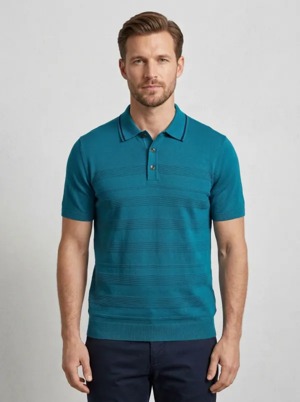 Men's Casual Grey Horizontal Striped Knit Polo Shirt