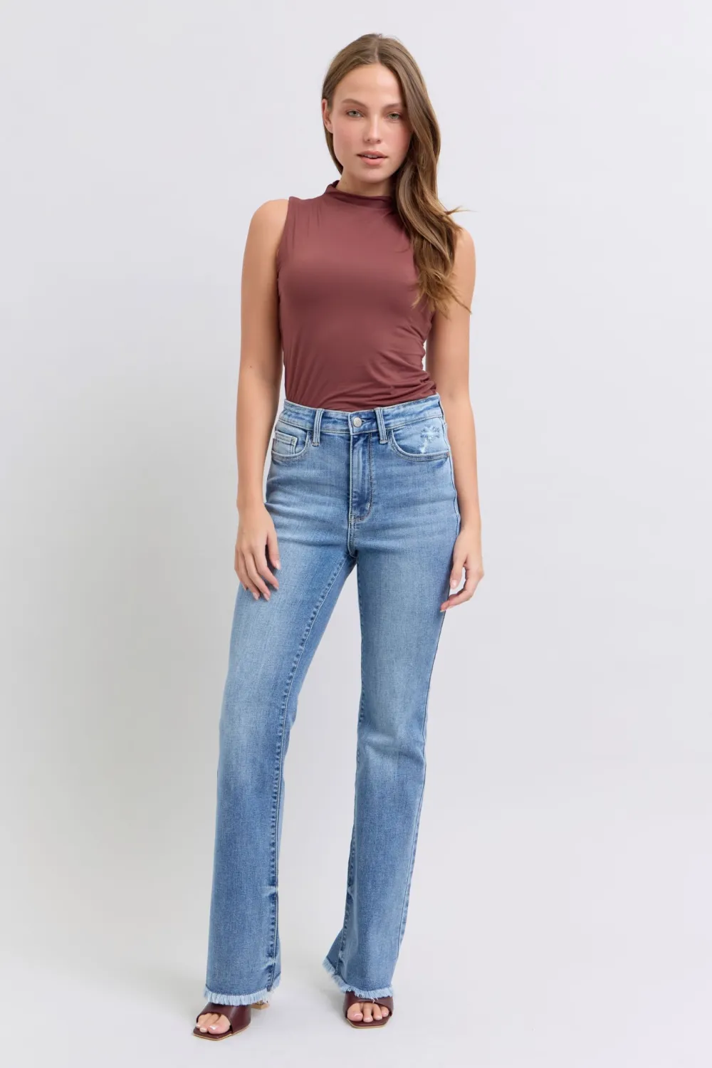 Raw Hem High Rise Bootcut Denim Jeans