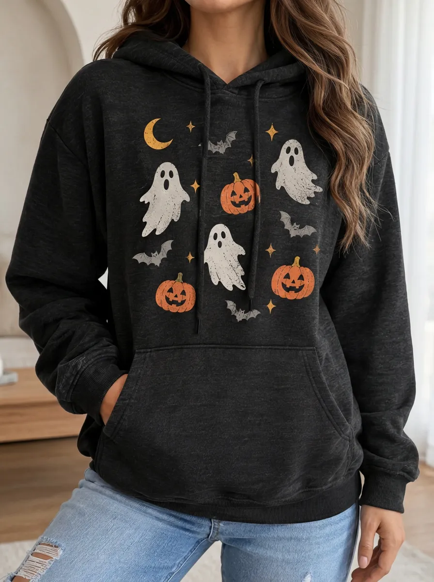 Women's Halloween Ghost Pumpkin Bat Casual Pullover Graphic Hoodie