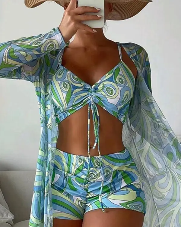 3PCS Abstract Print Drawstring Bikini Set With Cover Up