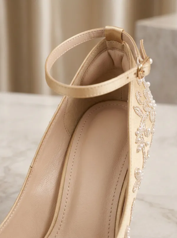 Pearl Floral Embroidered Buckle-Strap Women's Formal High Heels