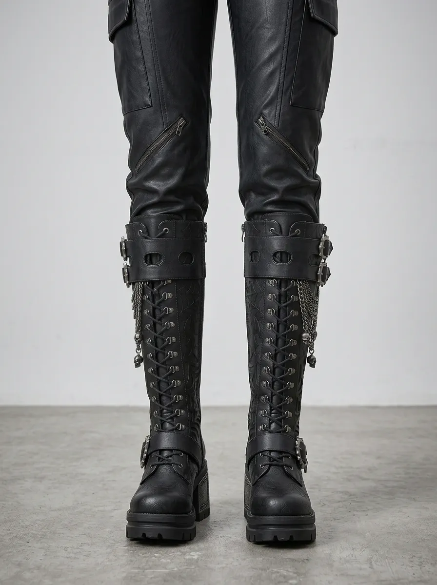 Gothic Revival Skull Spiderweb Chain Style Women's Gothic Platform Boots