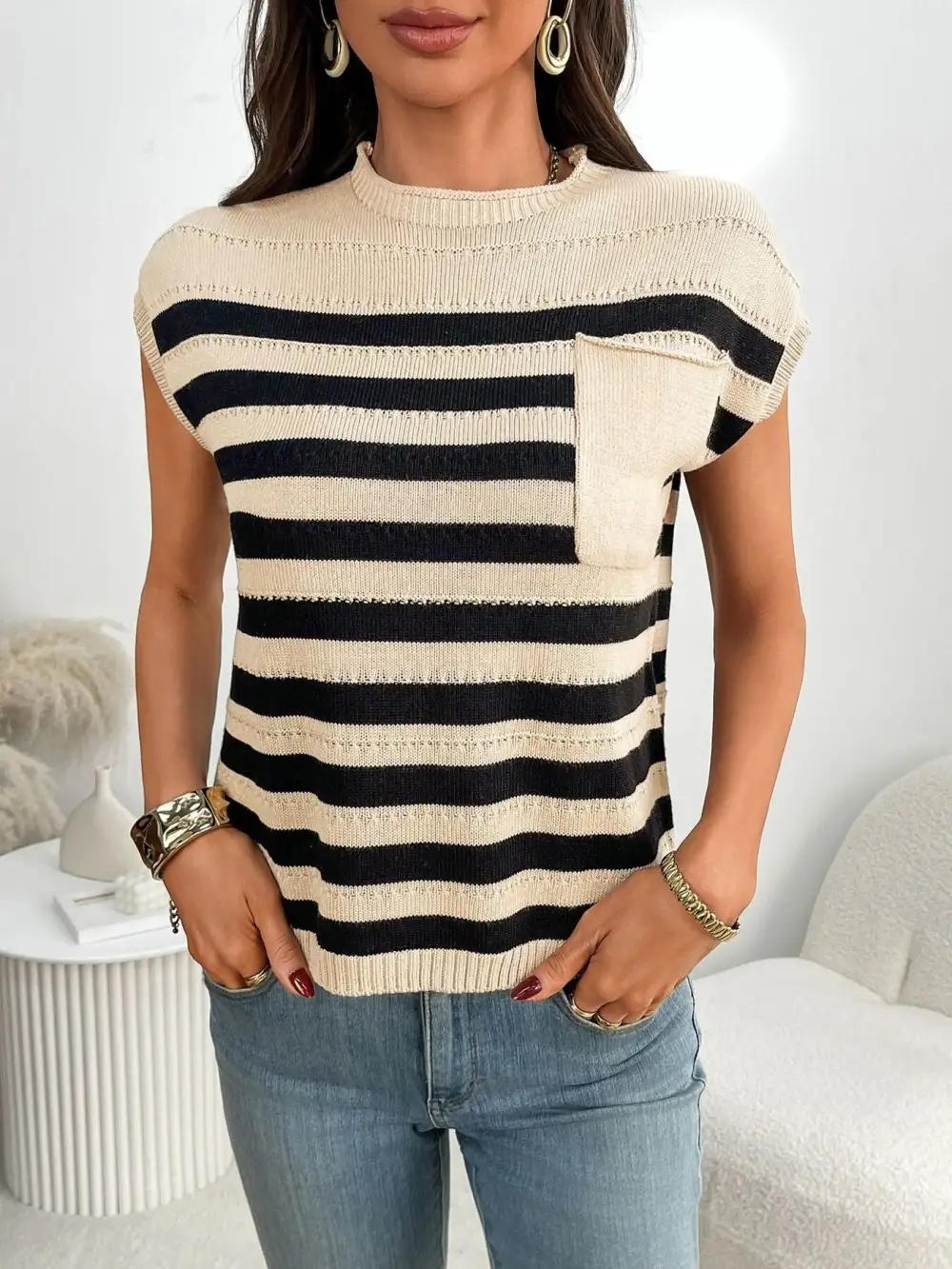 Striped Knit Pocket Detail Cap Sleeve Sweater