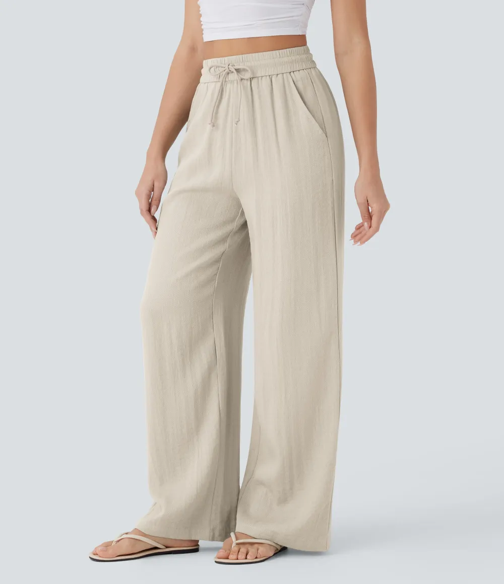2026🔥  High Waisted Drawstring Pocket Wide Leg Casual Linen-Feel Pants