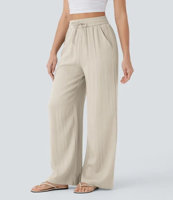 2026🔥  High Waisted Drawstring Pocket Wide Leg Casual Linen-Feel Pants