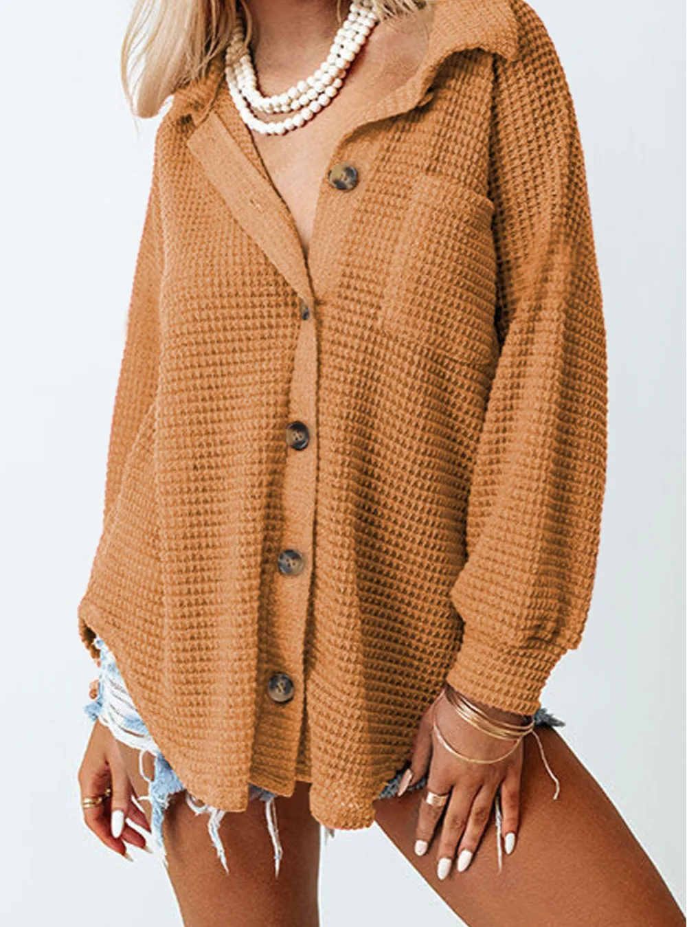 Waffle Knit Button Front Blouse