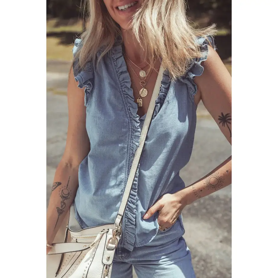 Frilly Ruffle Trim V Neck Chambray Tank