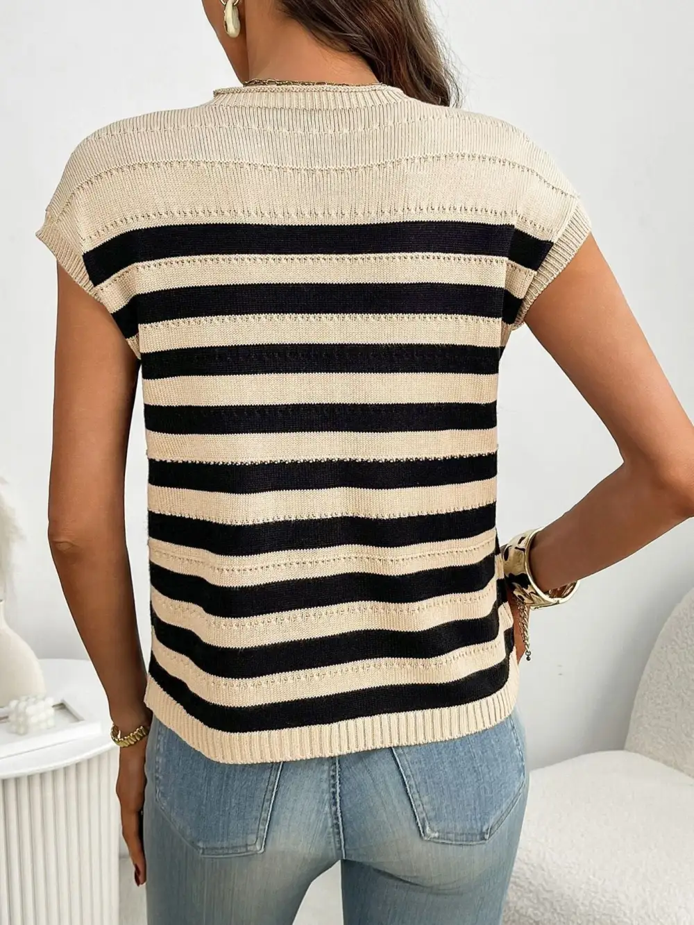 Striped Knit Pocket Detail Cap Sleeve Sweater