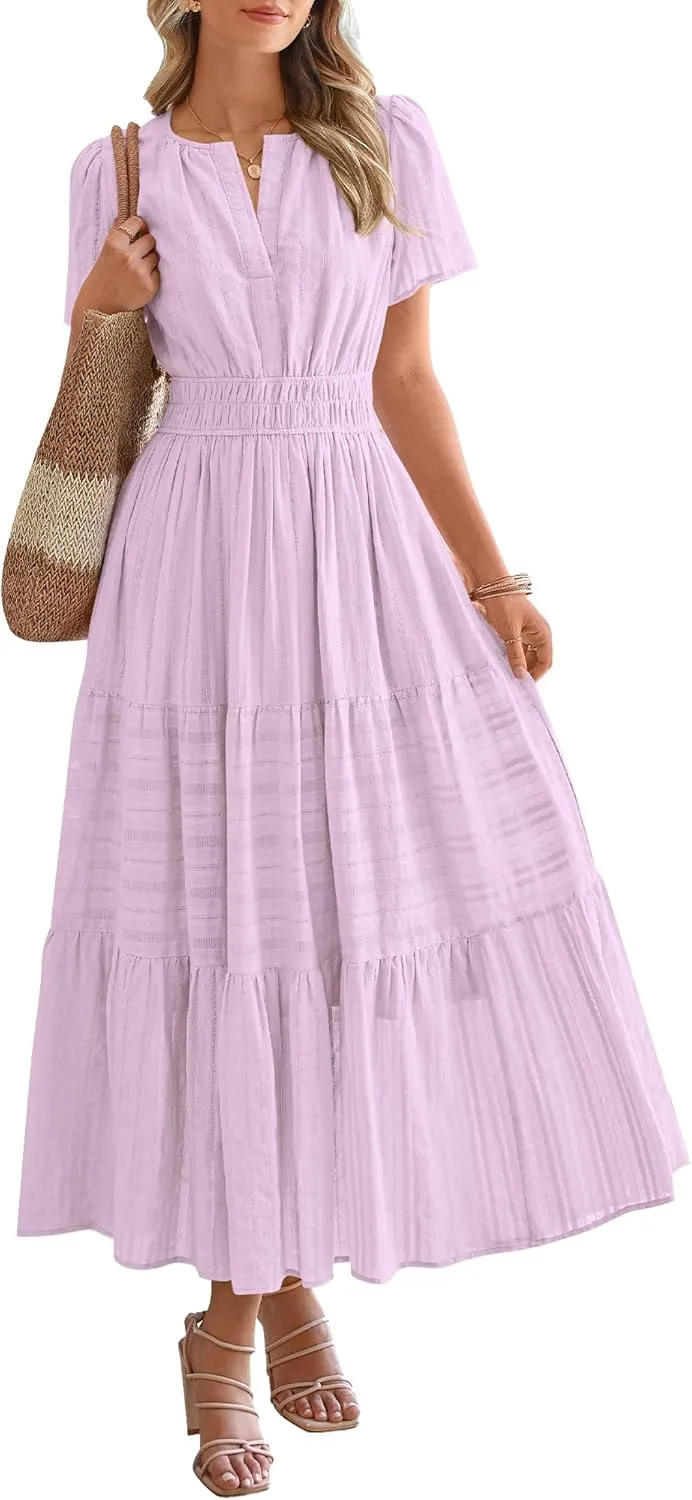 HOT SALE Womens Summer Lightweight Short Sleeve V Casual Midi Maxi Dresses