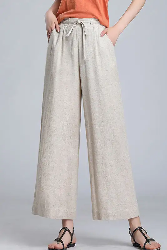Structured Linen Wide Leg Elastic Waist Pocketed Trousers